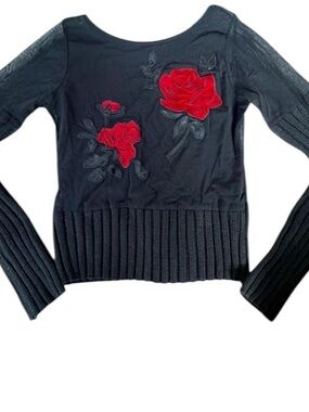 Black Sheer Knit Top with Red Rose Appliqué - European Culture - Medium